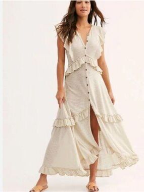 Free People Cream Ruffle Button-Front Maxi Dress